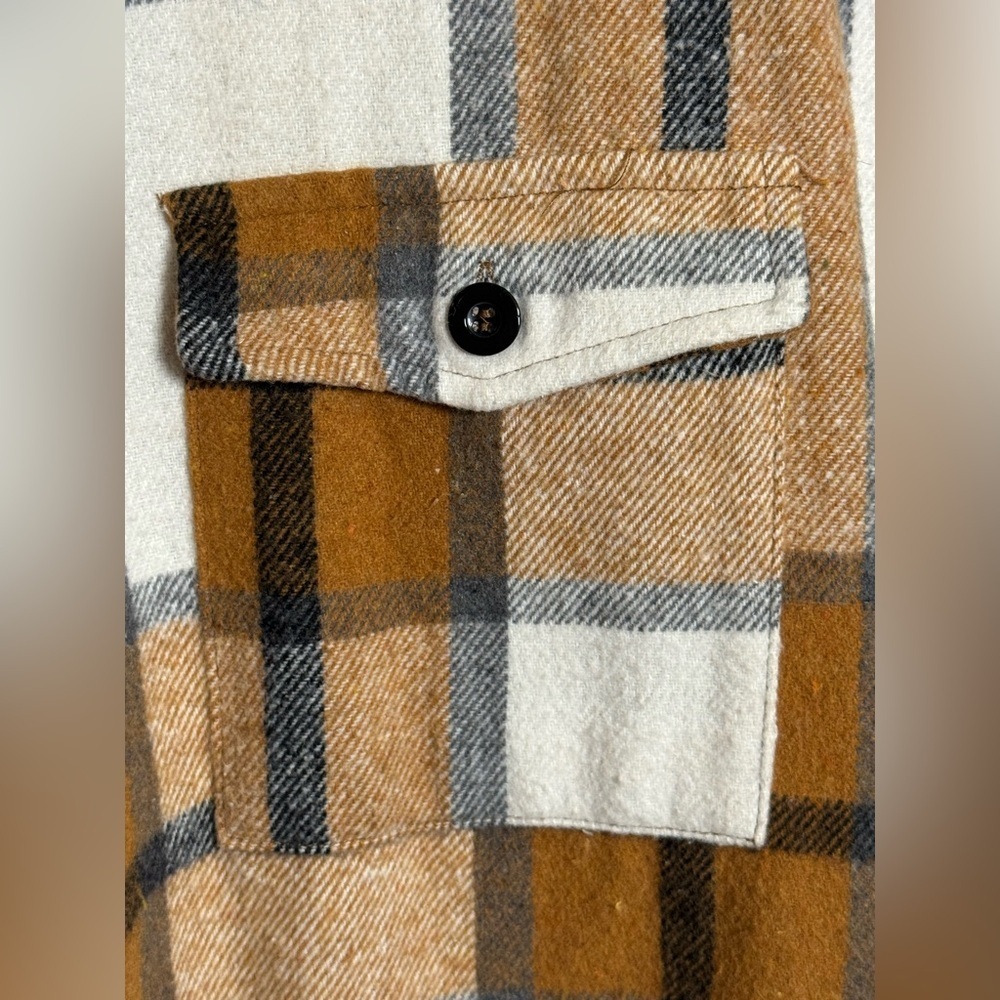 Automet XL Plaid Shacket Jacket Brown Cream Button Front Oversized Flannel - Picture 4 of 10
